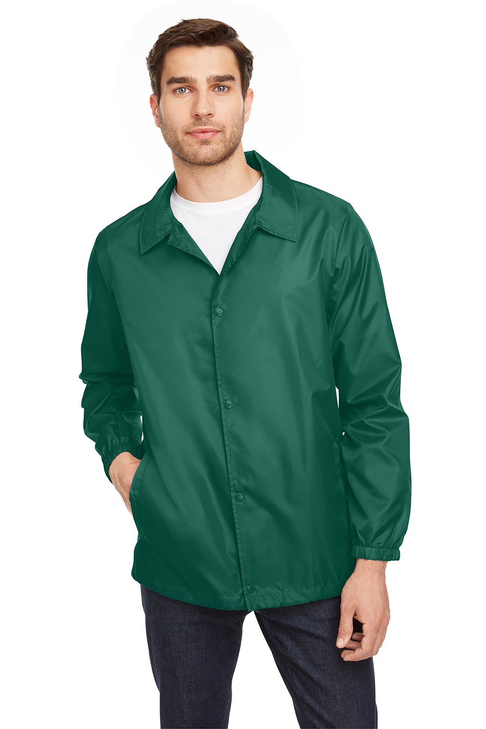 Team 365 TT75 Mens Zone Protect Water Resistant Snap Down Coaches Jacket Forest Green Model Front