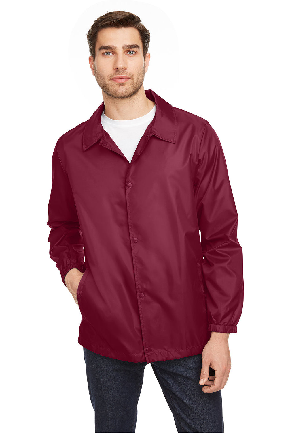 Team 365 TT75 Mens Zone Protect Water Resistant Snap Down Coaches Jacket Maroon Model Front