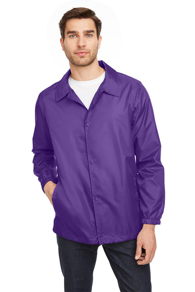 Team 365 TT75 Mens Zone Protect Water Resistant Snap Down Coaches Jacket Purple Model Front