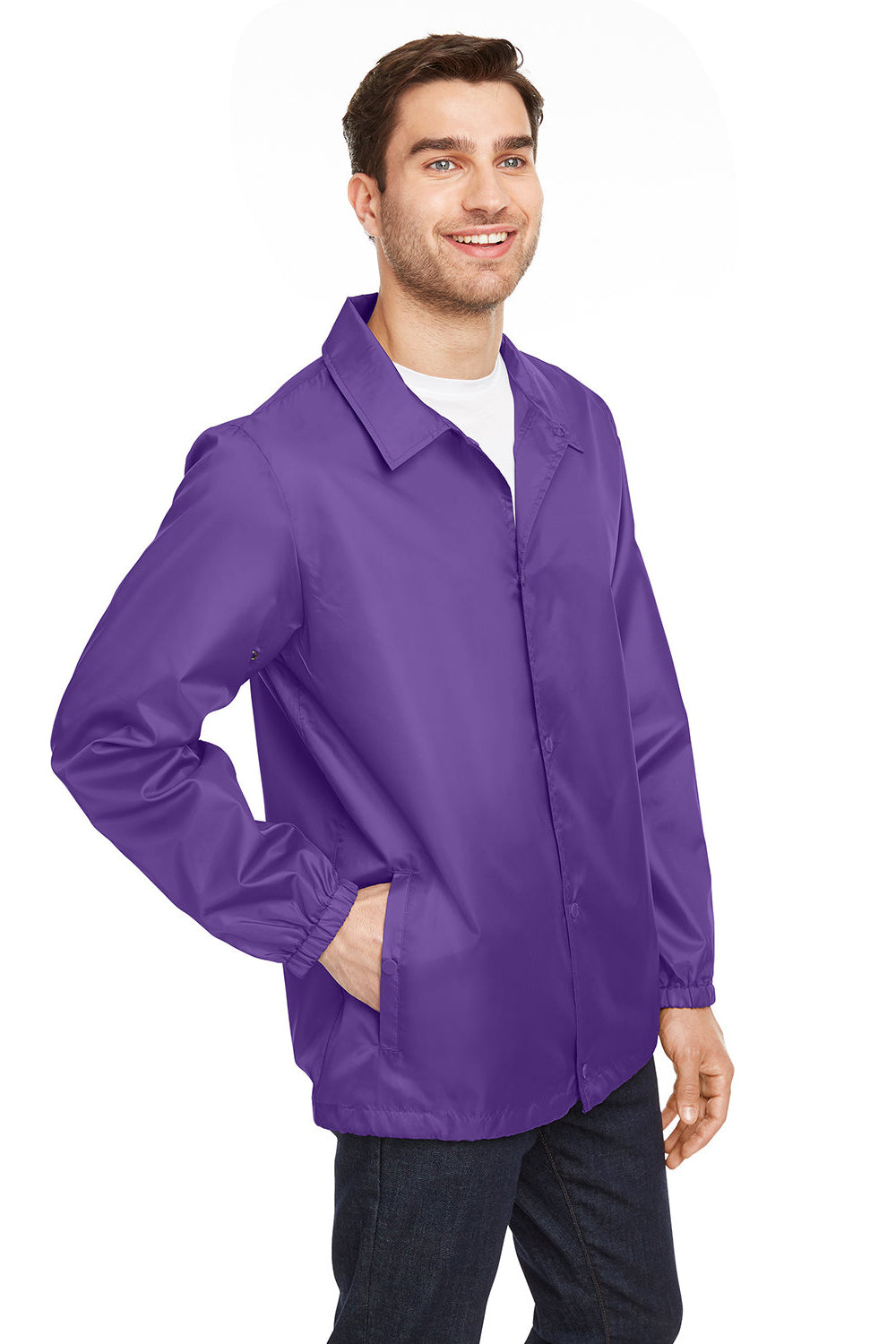 Team 365 TT75 Mens Zone Protect Water Resistant Snap Down Coaches Jacket Purple Model 3q