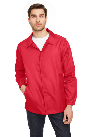 Team 365 TT75 Mens Zone Protect Water Resistant Snap Down Coaches Jacket Red Model Front