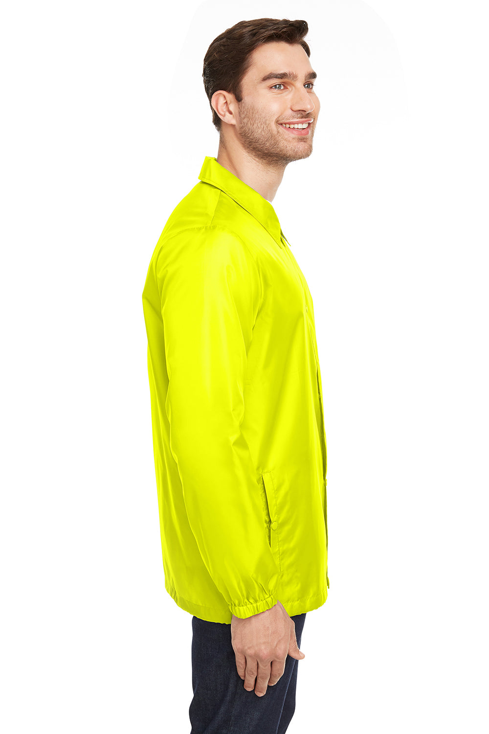 Team 365 TT75 Mens Zone Protect Water Resistant Snap Down Coaches Jacket Safety Yellow Model Side