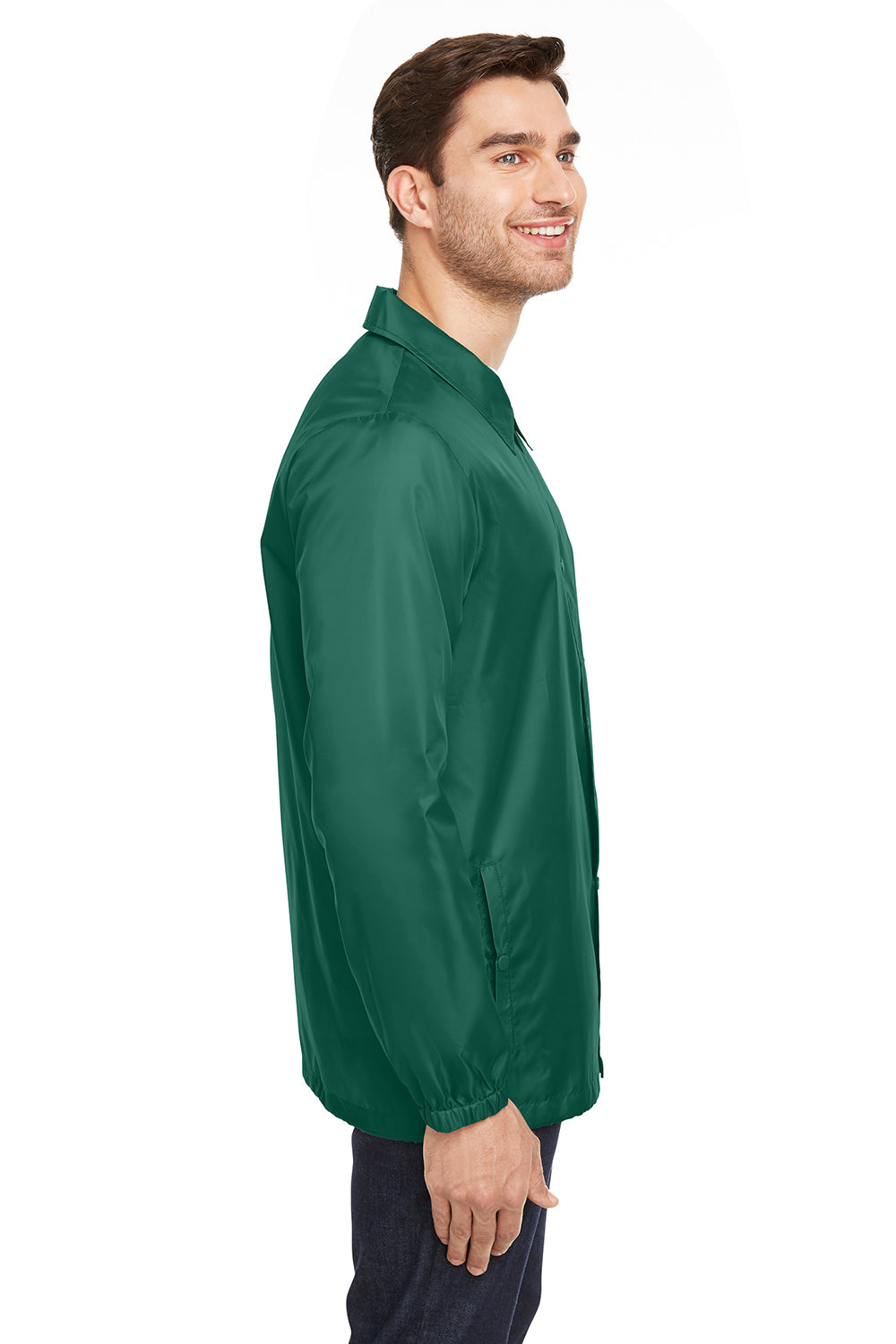 Team 365 TT75 Mens Zone Protect Water Resistant Snap Down Coaches Jacket Forest Green Model Side