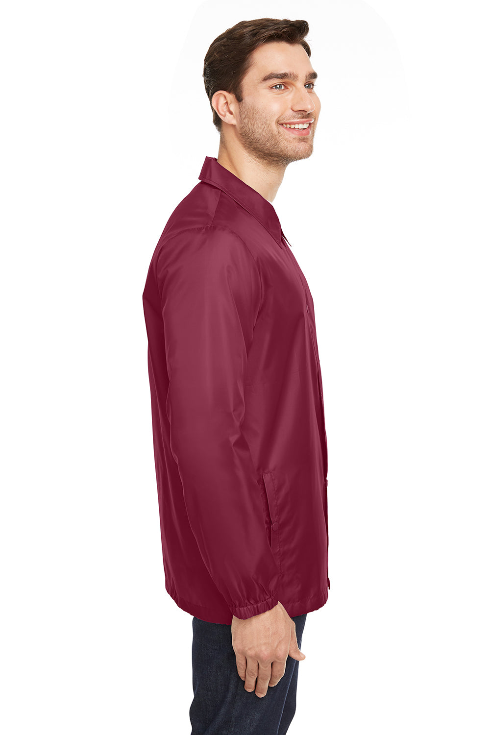 Team 365 TT75 Mens Zone Protect Water Resistant Snap Down Coaches Jacket Maroon Model Side