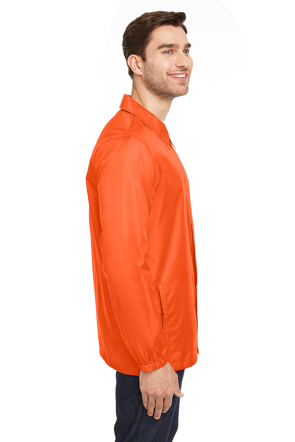 Team 365 TT75 Mens Zone Protect Water Resistant Snap Down Coaches Jacket Orange Model Side