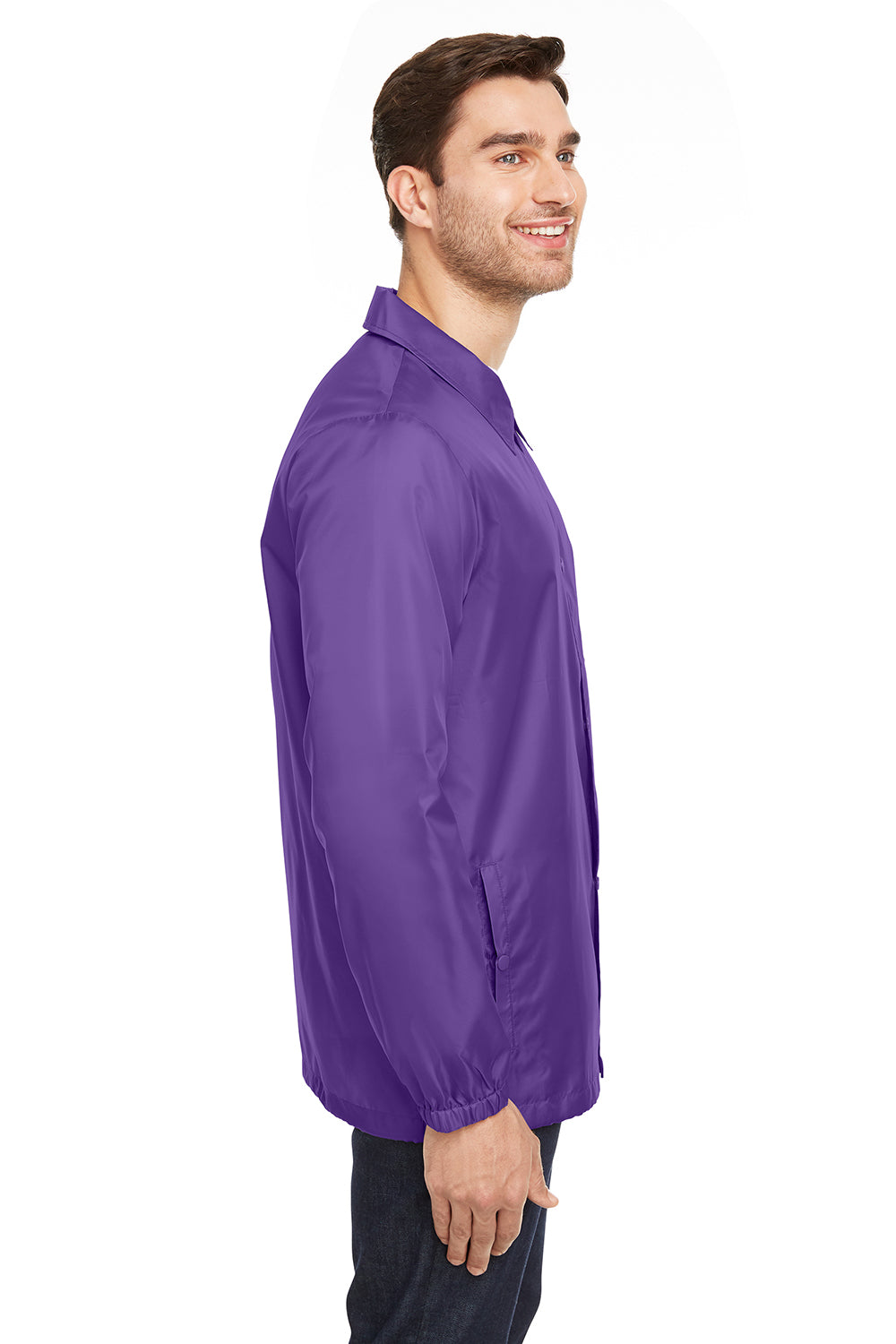 Team 365 TT75 Mens Zone Protect Water Resistant Snap Down Coaches Jacket Purple Model Side