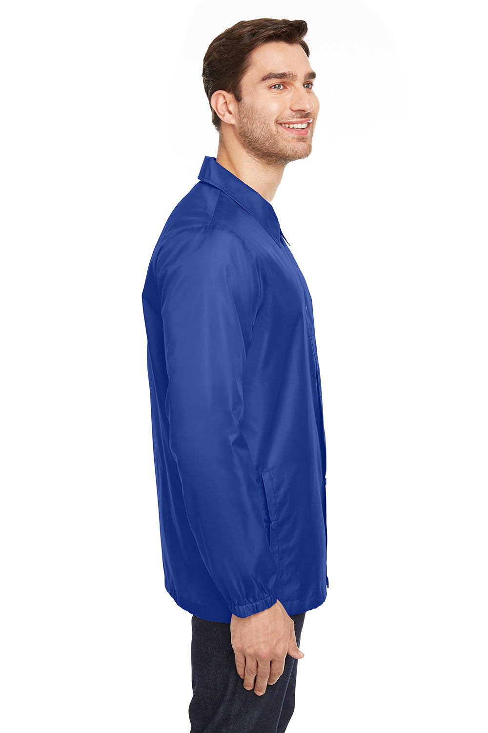 Team 365 TT75 Mens Zone Protect Water Resistant Snap Down Coaches Jacket Royal Blue Model Side