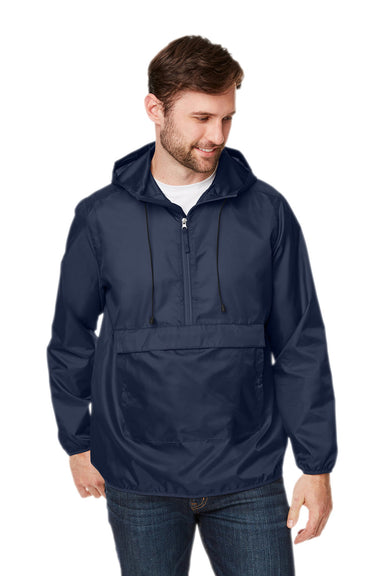 Team 365 TT77 Mens Zone Protect Water Resistant Hooded Packable Hooded 1/4 Zip Anorak Jacket Dark Navy Blue Model Front