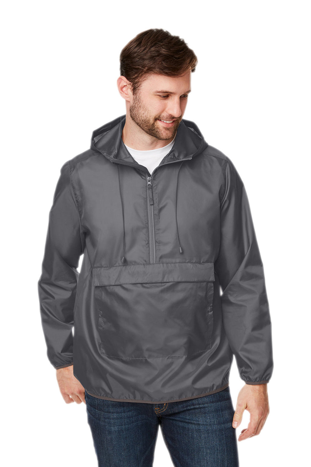 Team 365 TT77 Mens Zone Protect Water Resistant Hooded Packable Hooded 1/4 Zip Anorak Jacket Graphite Grey Model Front