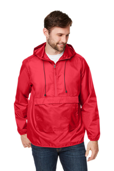 Team 365 TT77 Mens Zone Protect Water Resistant Hooded Packable Hooded 1/4 Zip Anorak Jacket Red Model Front