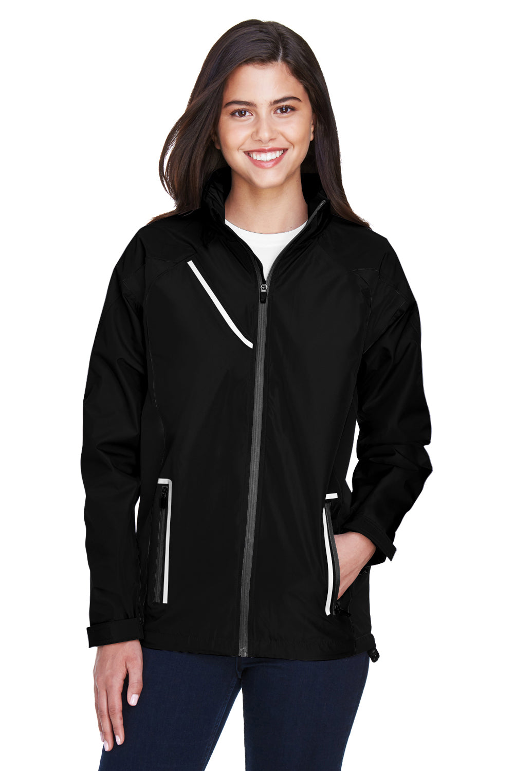 Team 365 TT86W Womens Dominator Waterproof Full Zip Hooded Jacket Black Model Front