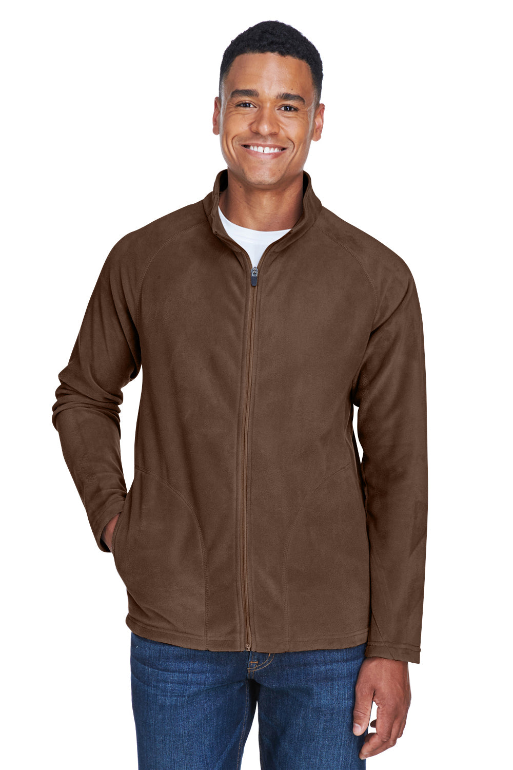 Team 365 TT90 Mens Campus Pill Resistant Microfleece Full Zip Jacket Dark Brown Model Front