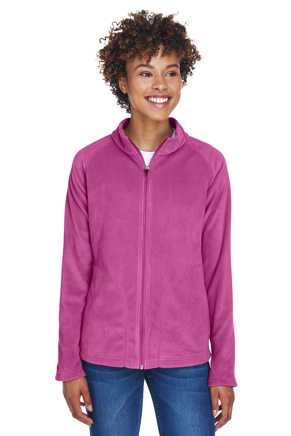 Team 365 TT90W Womens Campus Pill Resistant Microfleece Full Zip Jacket Charity Pink Model Front