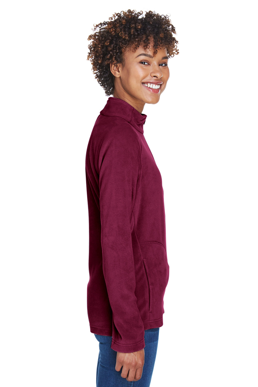 Team 365 TT90W Womens Campus Pill Resistant Microfleece Full Zip Jacket Maroon Model Side