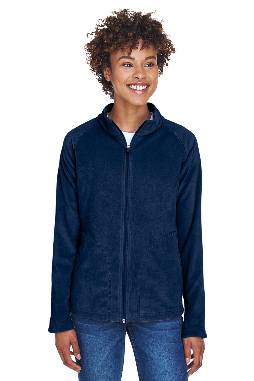 Team 365 TT90W Womens Campus Pill Resistant Microfleece Full Zip Jacket Dark Navy Blue Model Front