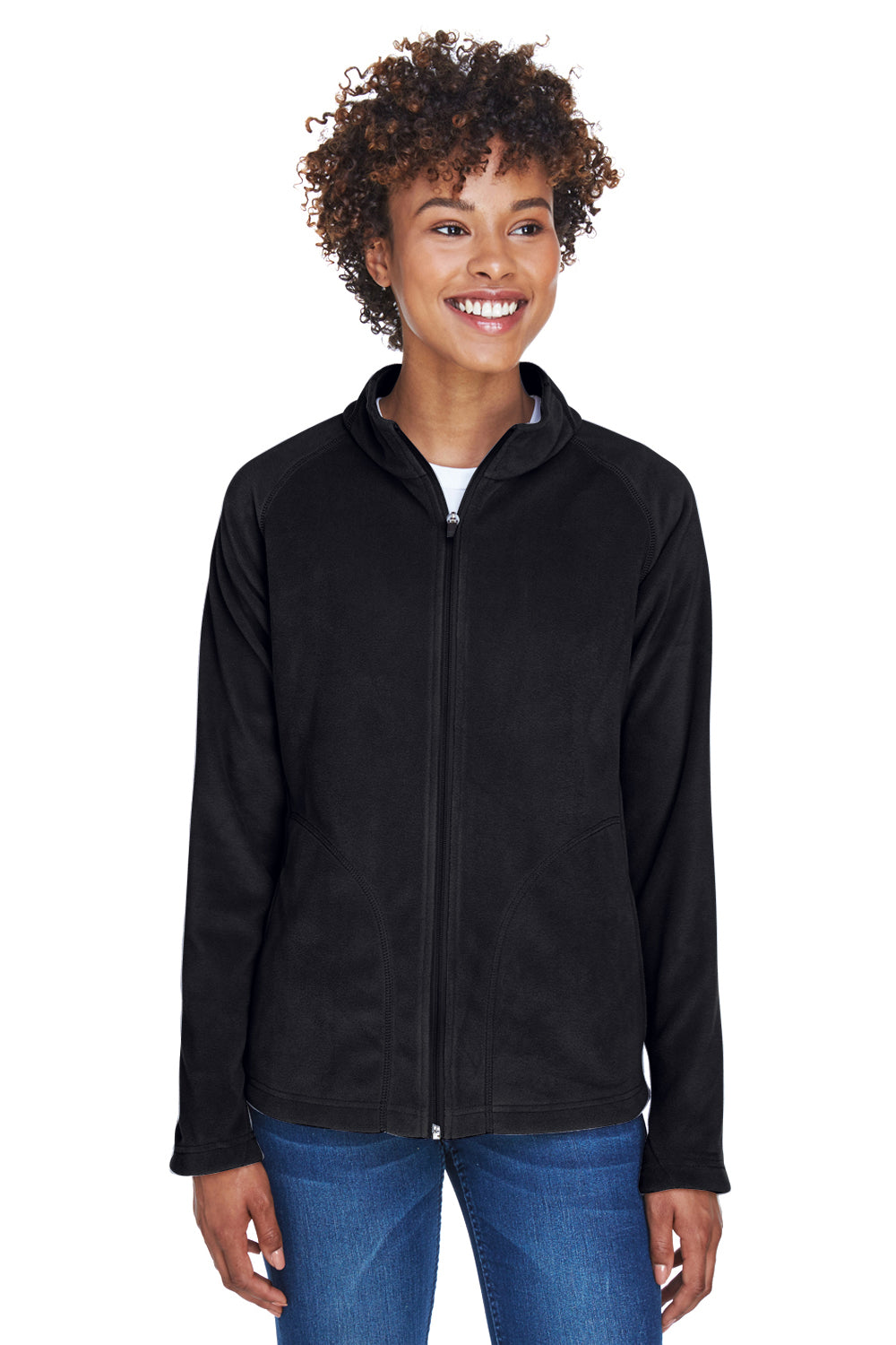 Team 365 TT90W Womens Campus Pill Resistant Microfleece Full Zip Jacket Black Model Front