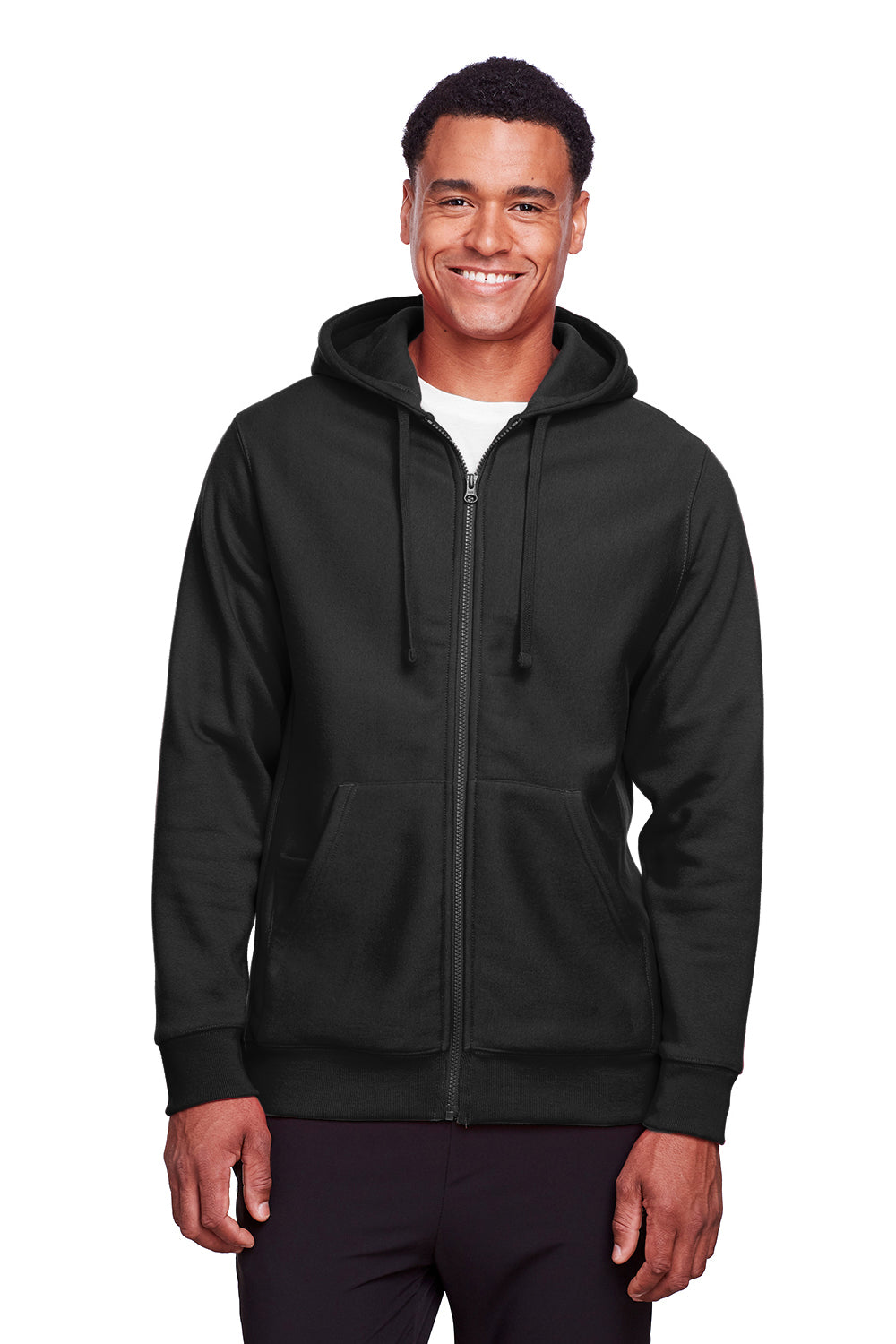 Team 365 TT95 Mens Zone HydroSport Fleece Water Resistant Full Zip Hooded Sweatshirt Hoodie Black Model Front