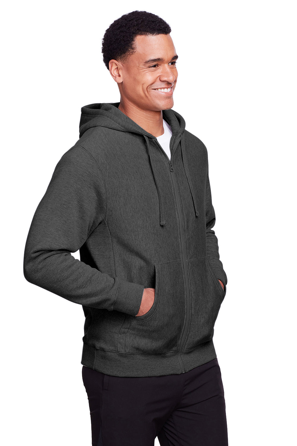 Team 365 TT95 Mens Zone HydroSport Fleece Water Resistant Full Zip Hooded Sweatshirt Hoodie Heather Dark Grey Model 3q