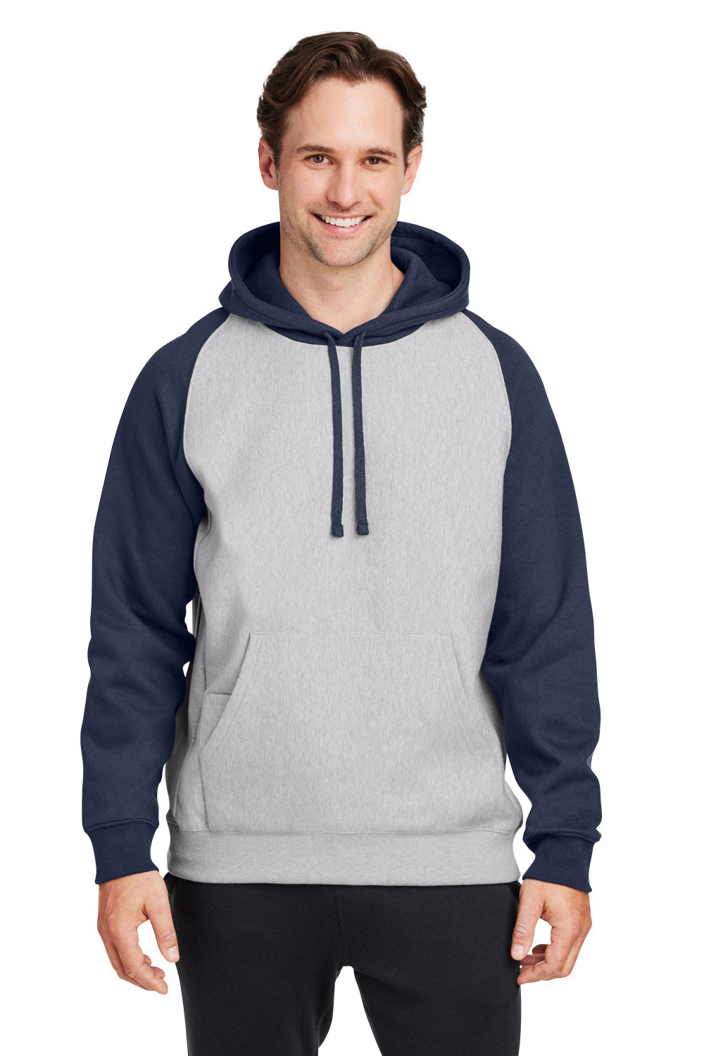 Team 365 TT96CB Mens Zone HydroSport Water Resistant Colorblock Hooded Sweatshirt Hoodie Heather Grey/Dark Navy Blue Model Front