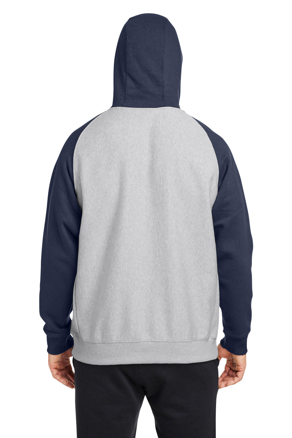 Team 365 TT96CB Mens Zone HydroSport Water Resistant Colorblock Hooded Sweatshirt Hoodie Heather Grey/Dark Navy Blue Model Back