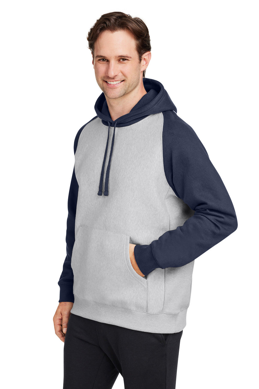 Team 365 TT96CB Mens Zone HydroSport Water Resistant Colorblock Hooded Sweatshirt Hoodie Heather Grey/Dark Navy Blue Model 3q