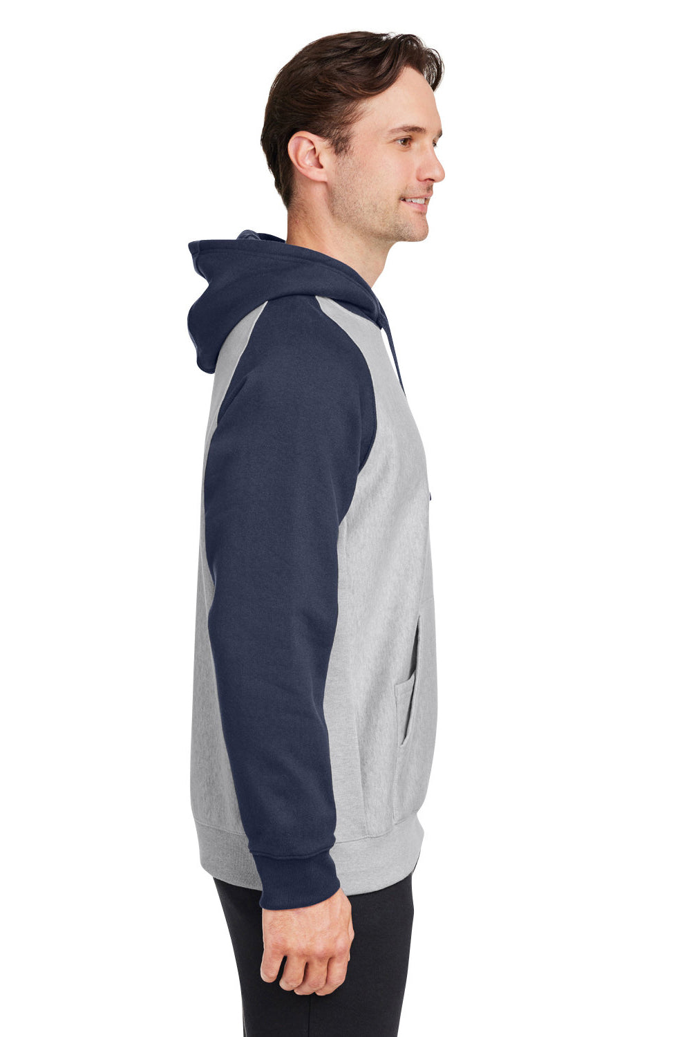 Team 365 TT96CB Mens Zone HydroSport Water Resistant Colorblock Hooded Sweatshirt Hoodie Heather Grey/Dark Navy Blue Model Side