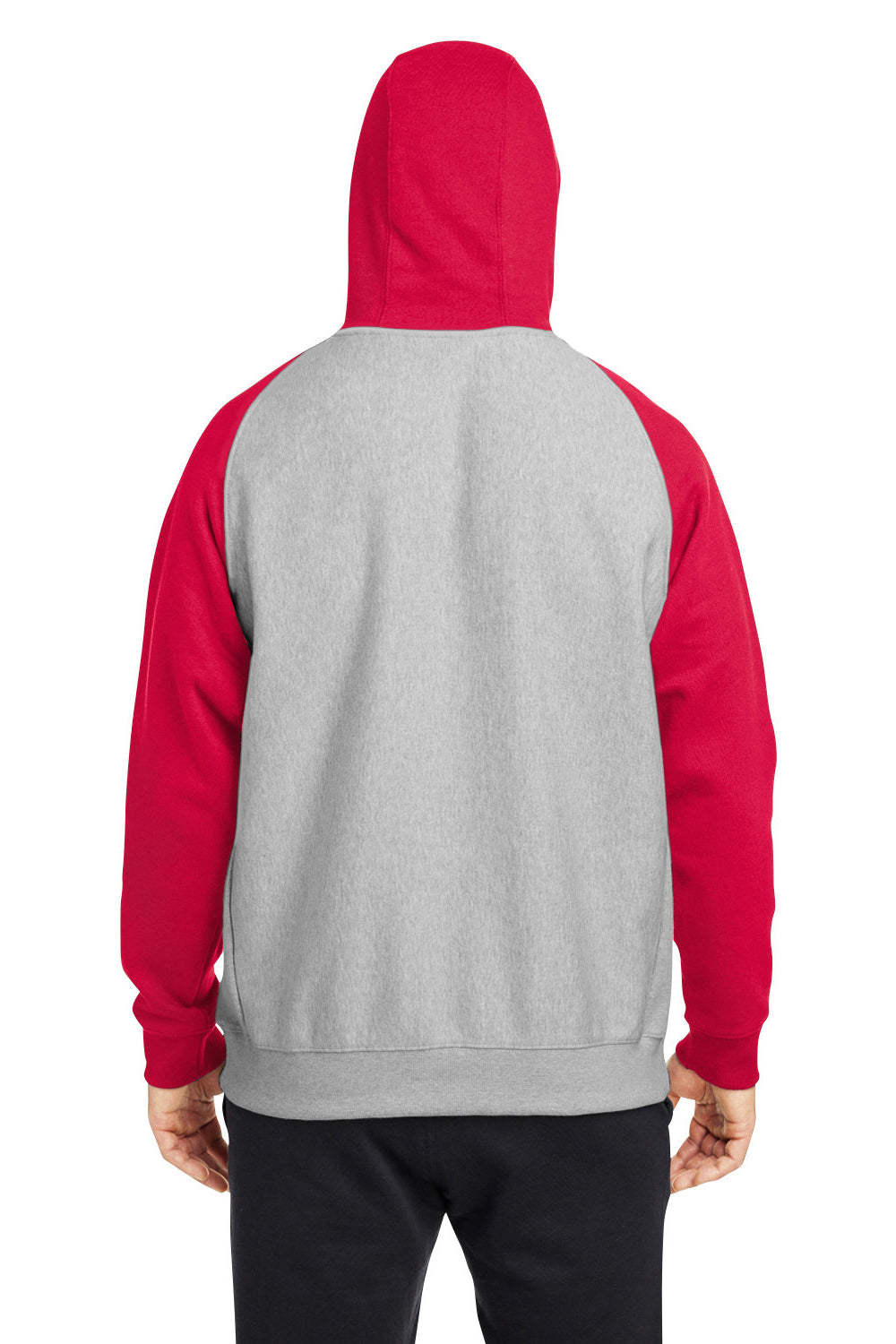 Team 365 TT96CB Mens Zone HydroSport Water Resistant Colorblock Hooded Sweatshirt Hoodie Heather Grey/Red Model Back