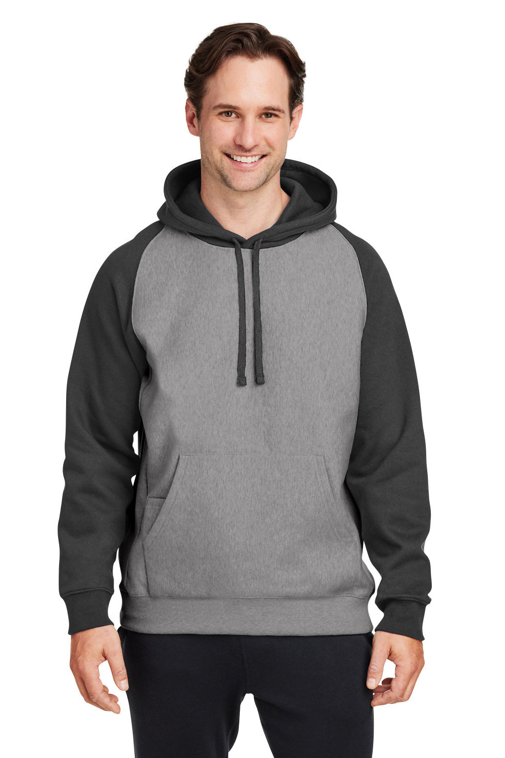 Team 365 TT96CB Mens Zone HydroSport Water Resistant Colorblock Hooded Sweatshirt Hoodie Heather Dark Grey/Black Model Front