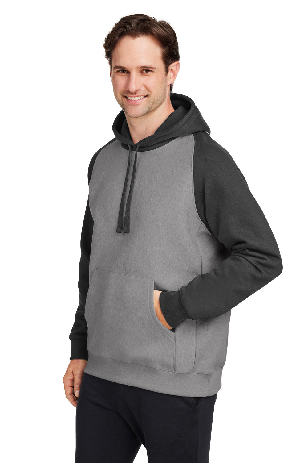 Team 365 TT96CB Mens Zone HydroSport Water Resistant Colorblock Hooded Sweatshirt Hoodie Heather Dark Grey/Black Model 3q