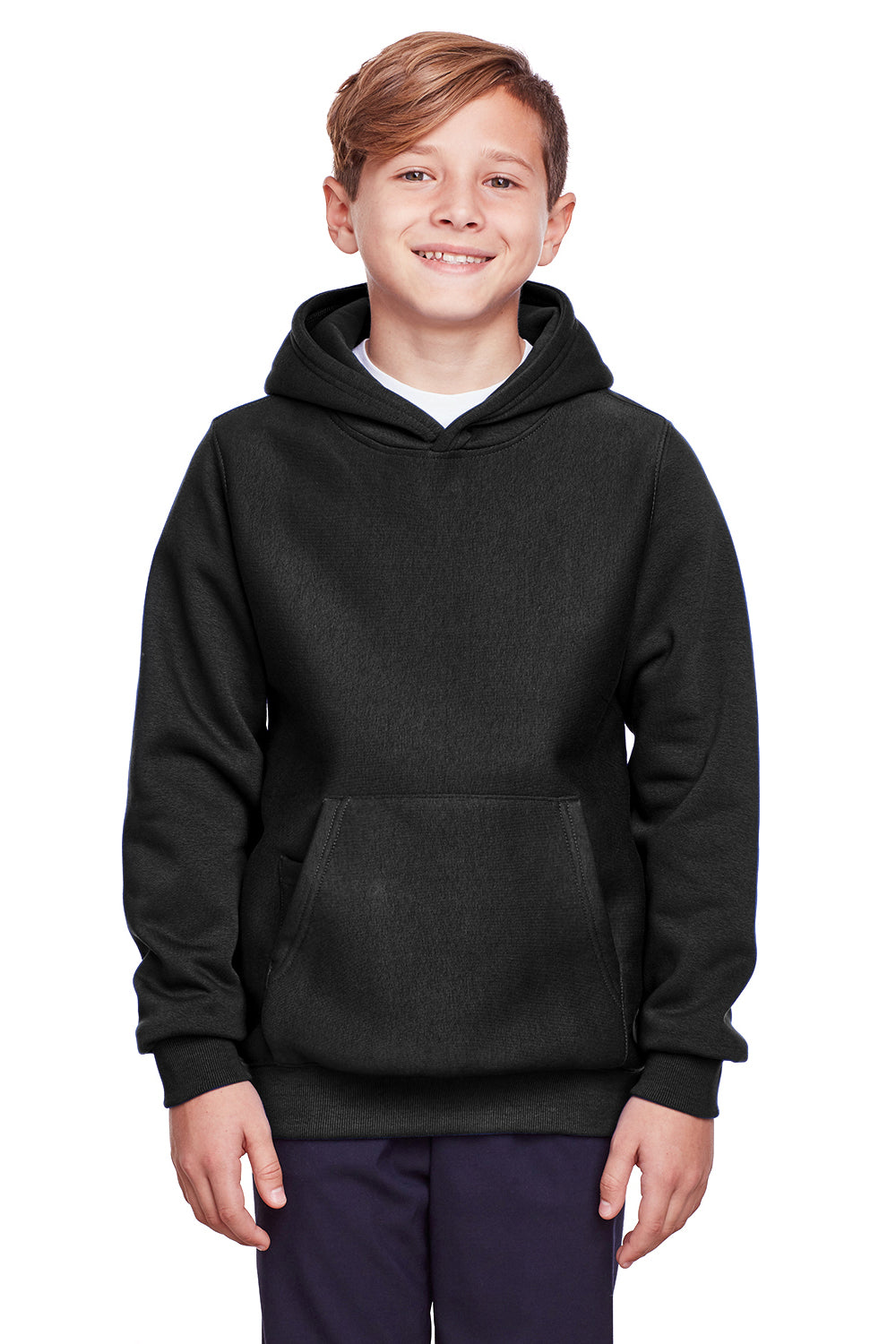 Team 365 TT96Y Youth Zone HydroSport Fleece Water Resistant Hooded Sweatshirt Hoodie Black Model Front