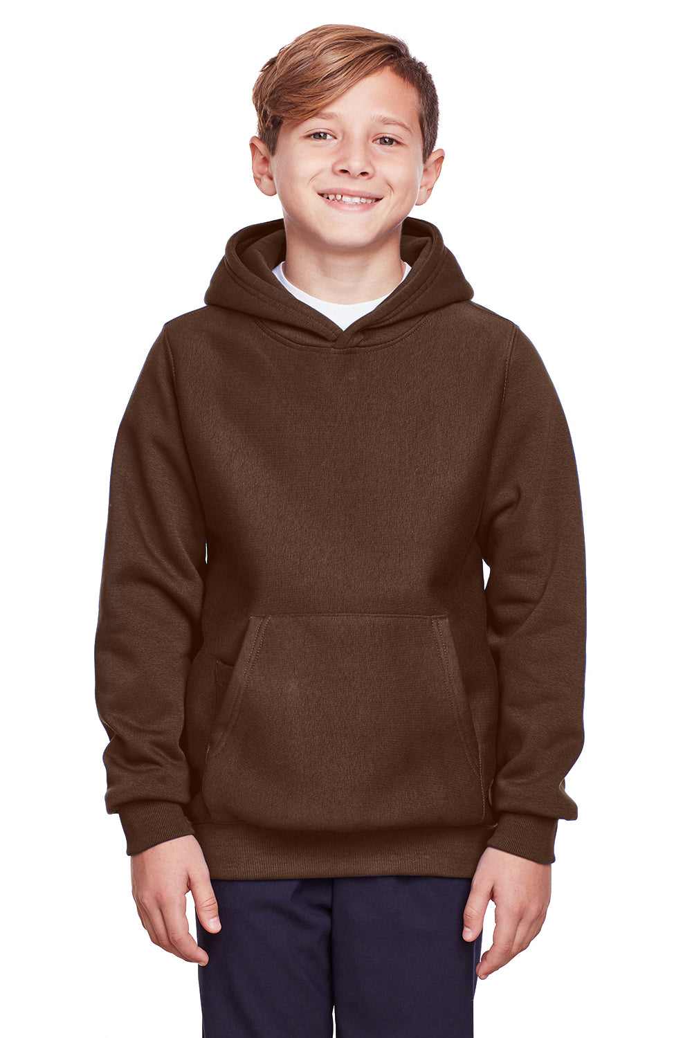 Team 365 TT96Y Youth Zone HydroSport Fleece Water Resistant Hooded Sweatshirt Hoodie Dark Brown Model Front