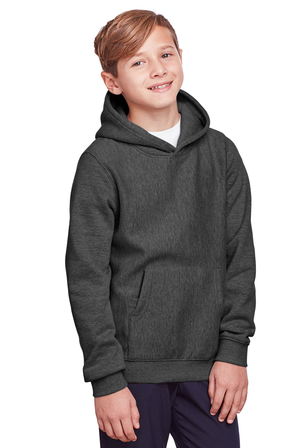 Team 365 TT96Y Youth Zone HydroSport Fleece Water Resistant Hooded Sweatshirt Hoodie Heather Dark Grey Model 3q