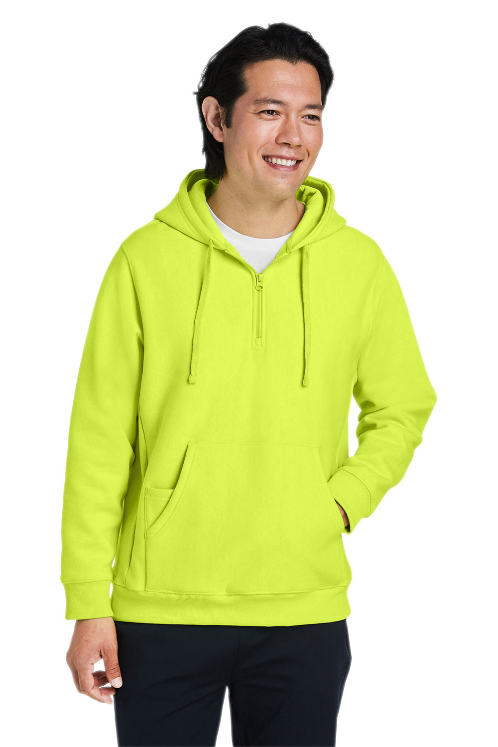 Team 365 TT97 Mens Zone HydroSport Water Resistant 1/4 Zip Hooded Sweatshirt Hoodie Safety Yellow Model Front