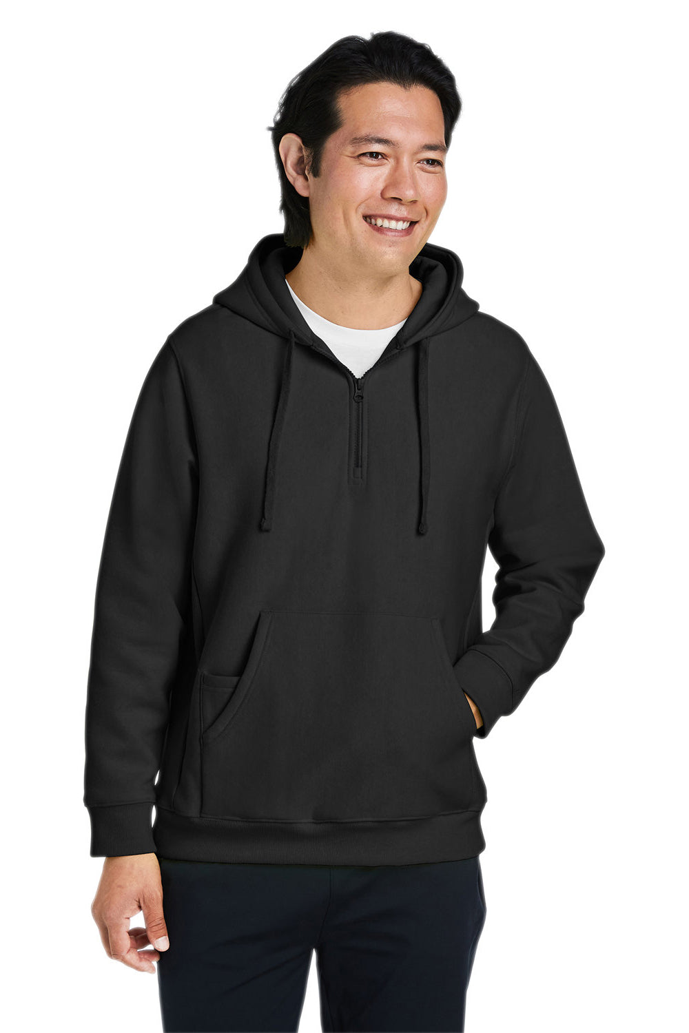 Team 365 TT97 Mens Zone HydroSport Water Resistant 1/4 Zip Hooded Sweatshirt Hoodie Black Model Front