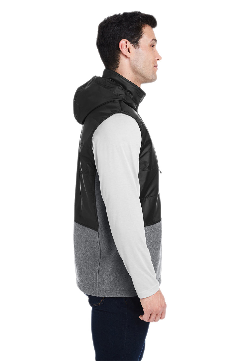 Team 365 TT99 Mens Zone HydroSport Hybrid Water Resistant Full Zip Hooded Vest Heather Dark Grey/Black Model Side