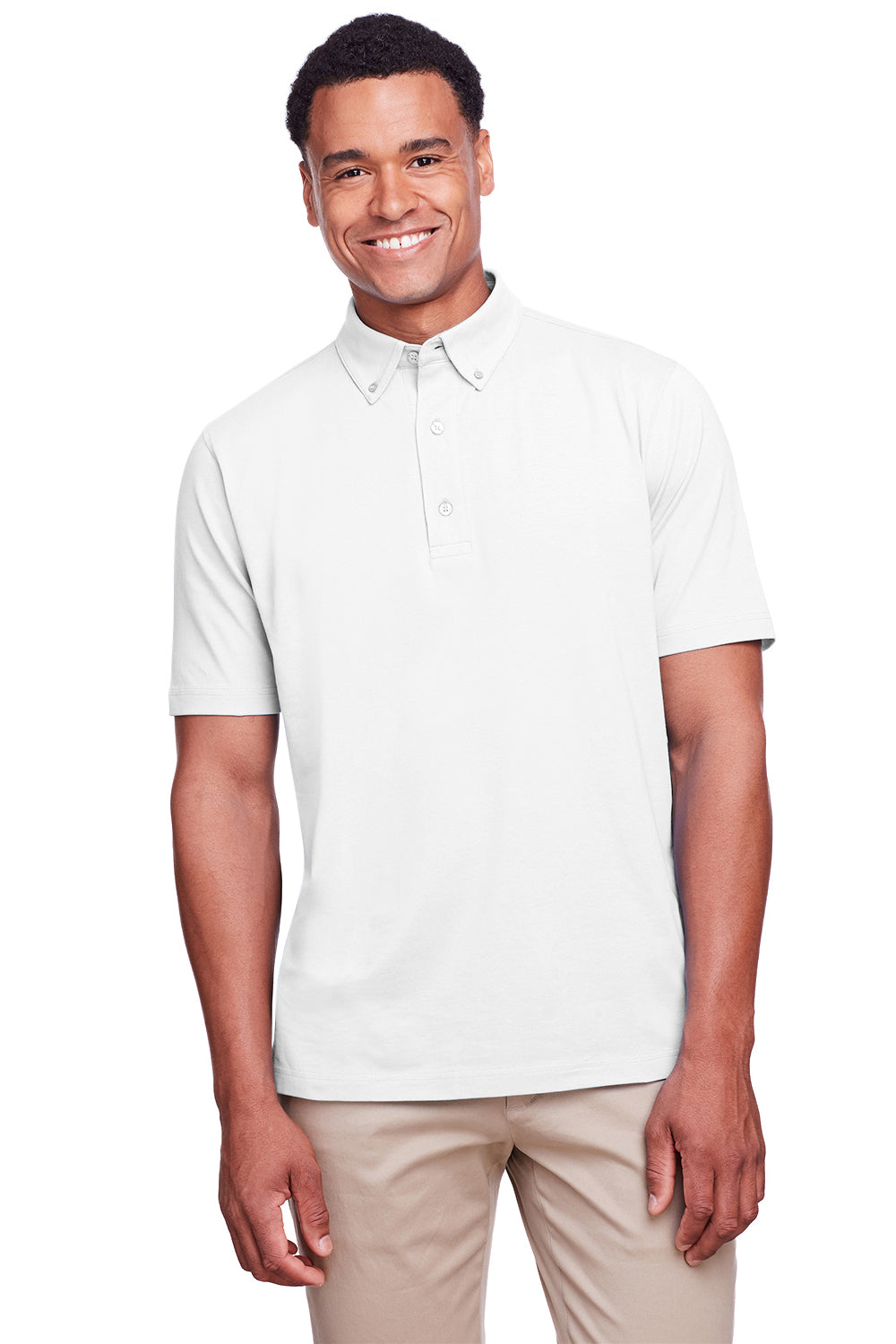 UltraClub UC105 Mens Lakeshore Performance Moisture Wicking Short Sleeve Polo Shirt White Model Front