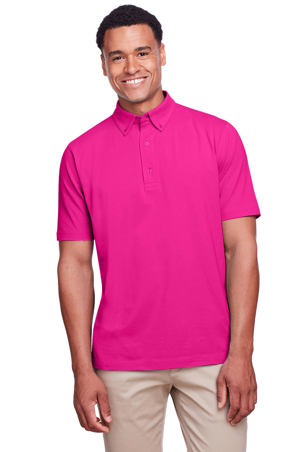 UltraClub UC105 Mens Lakeshore Performance Moisture Wicking Short Sleeve Polo Shirt Heliconia Pink Model Front