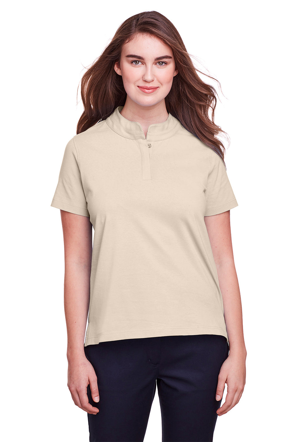 UltraClub UC105W Womens Lakeshore Performance Moisture Wicking Short Sleeve Polo Shirt Stone Model Front