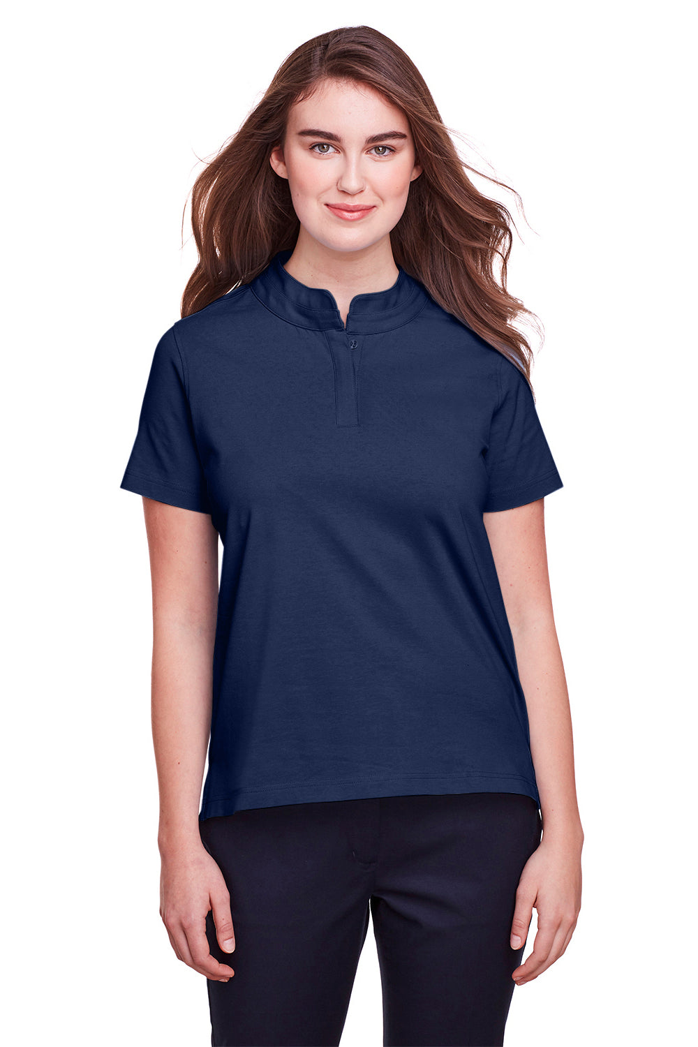 UltraClub UC105W Womens Lakeshore Performance Moisture Wicking Short Sleeve Polo Shirt Navy Blue Model Front