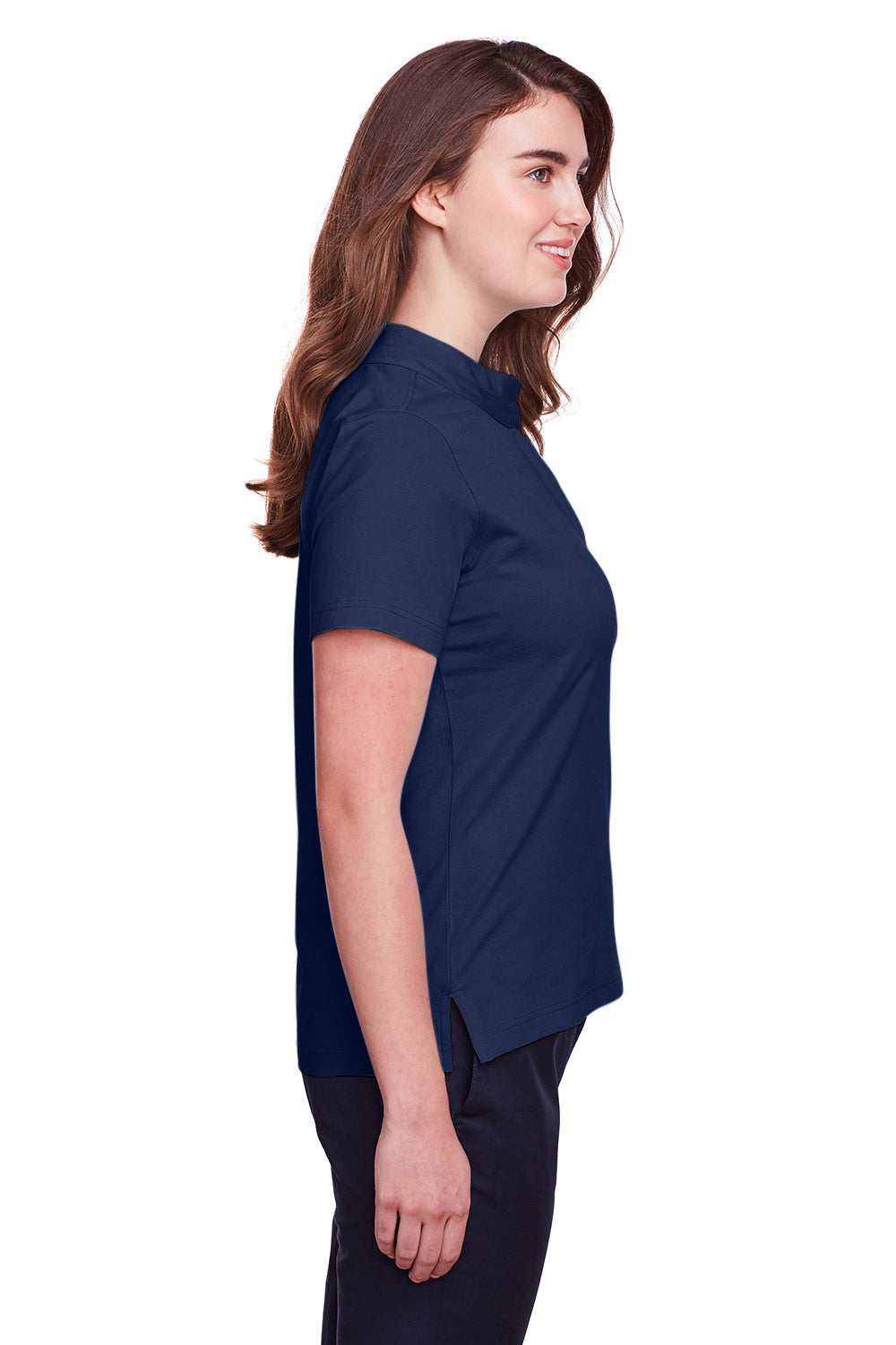 UltraClub UC105W Womens Lakeshore Performance Moisture Wicking Short Sleeve Polo Shirt Navy Blue Model Side