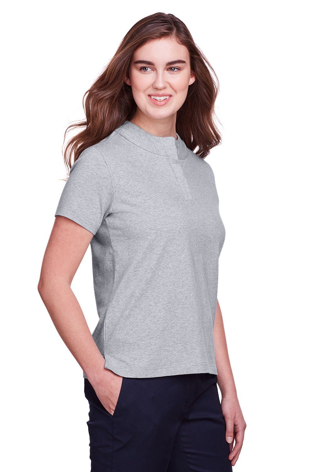 UltraClub UC105W Womens Lakeshore Performance Moisture Wicking Short Sleeve Polo Shirt Heather Grey Model 3q