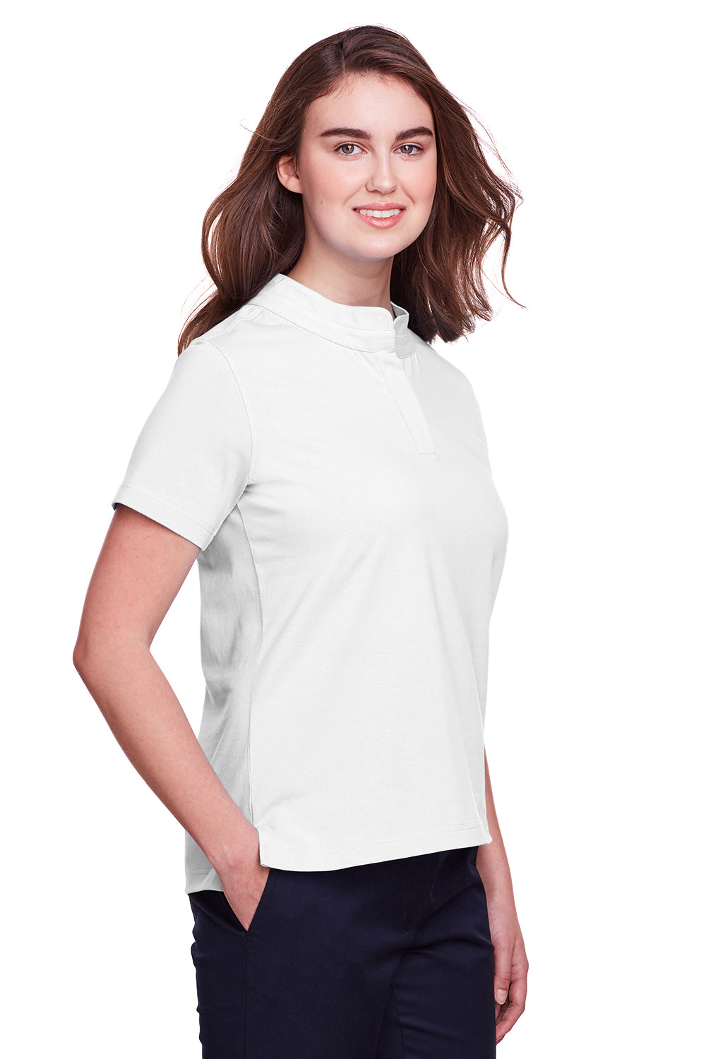 UltraClub UC105W Womens Lakeshore Performance Moisture Wicking Short Sleeve Polo Shirt White Model 3q