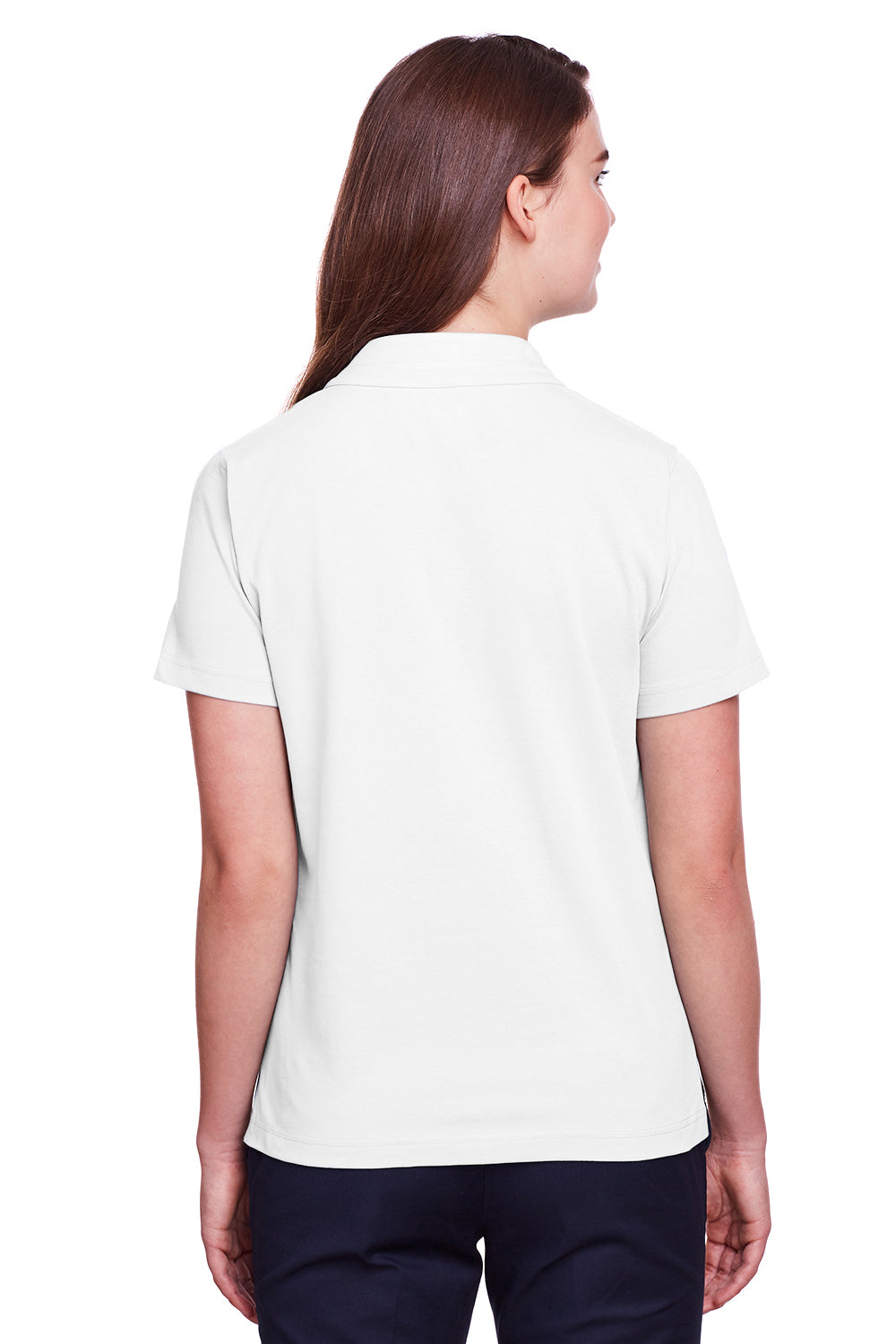 UltraClub UC105W Womens Lakeshore Performance Moisture Wicking Short Sleeve Polo Shirt White Model Back