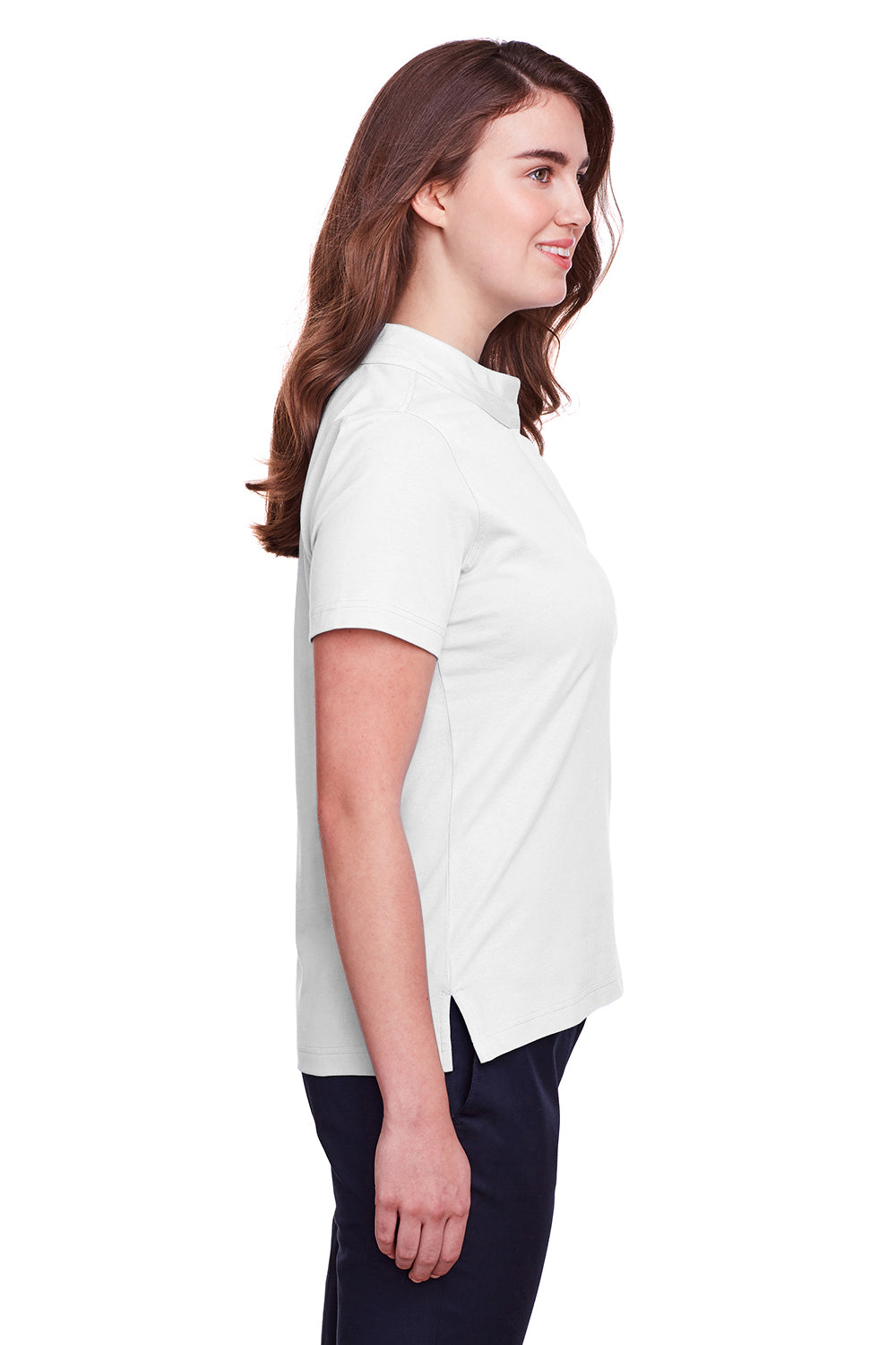 UltraClub UC105W Womens Lakeshore Performance Moisture Wicking Short Sleeve Polo Shirt White Model Side