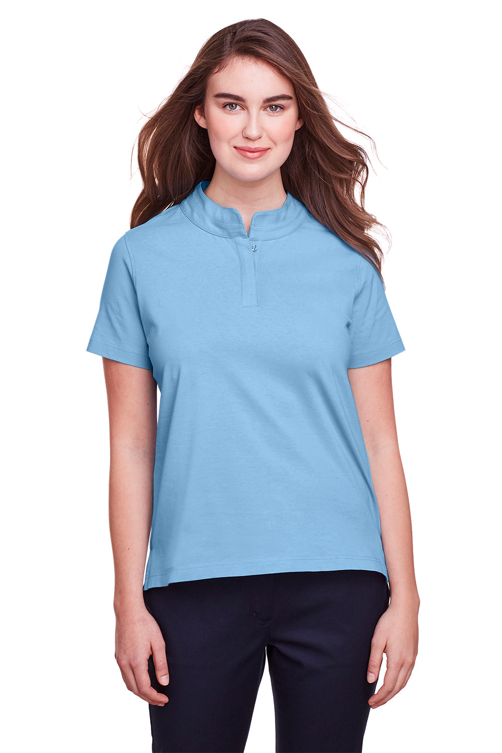 UltraClub UC105W Womens Lakeshore Performance Moisture Wicking Short Sleeve Polo Shirt Columbia Blue Model Front