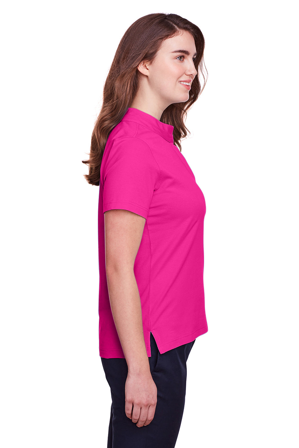 UltraClub UC105W Womens Lakeshore Performance Moisture Wicking Short Sleeve Polo Shirt Heliconia Pink Model Side