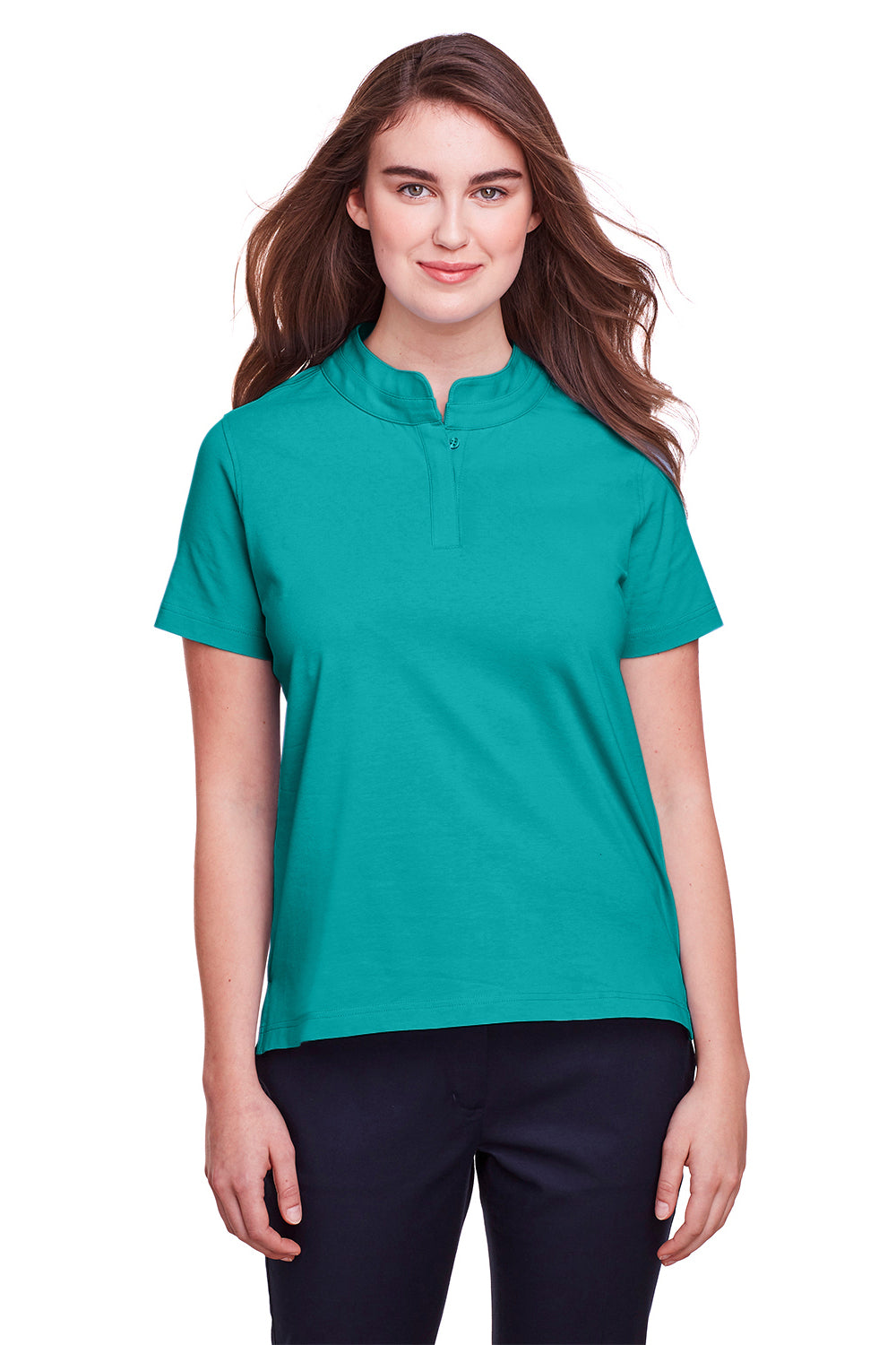 UltraClub UC105W Womens Lakeshore Performance Moisture Wicking Short Sleeve Polo Shirt Jade Green Model Front