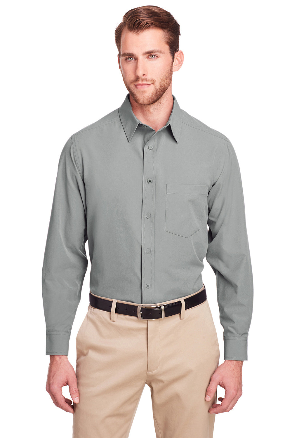 UltraClub UC500 Mens Bradley Performance Moisture Wicking Long Sleeve Button Down Shirt w/ Pocket Silver Grey Model Front