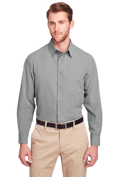 UltraClub UC500 Mens Bradley Performance Moisture Wicking Long Sleeve Button Down Shirt w/ Pocket Silver Grey Model Front