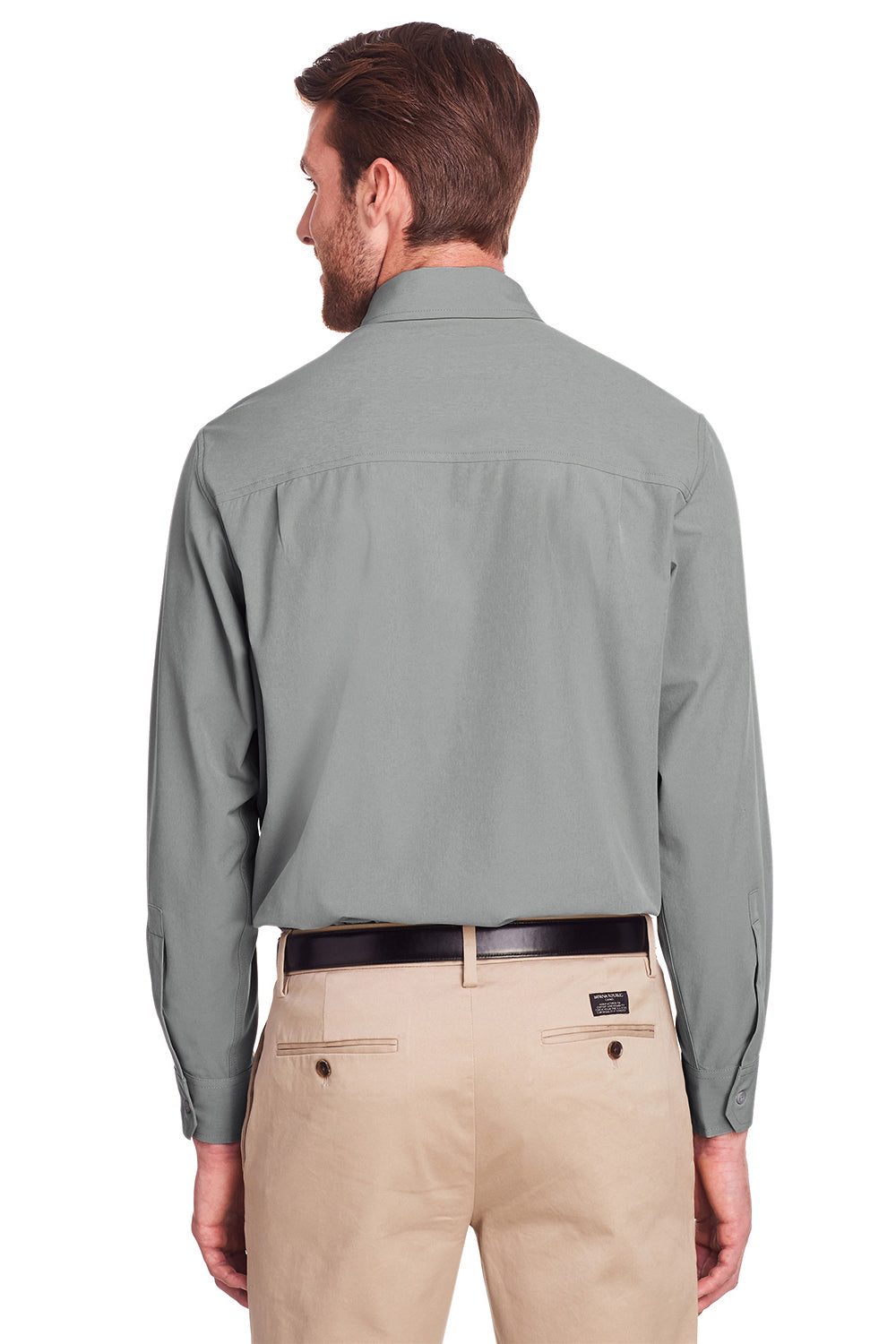 UltraClub UC500 Mens Bradley Performance Moisture Wicking Long Sleeve Button Down Shirt w/ Pocket Silver Grey Model Back